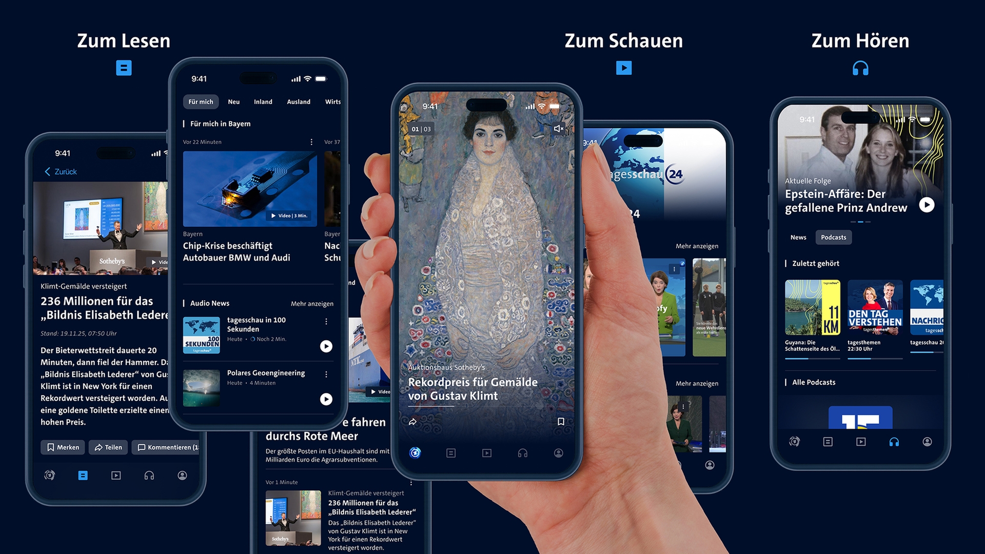 Mehrere Smartphone Displays zeigen die neue tagesschau-App. | ARD-aktuell