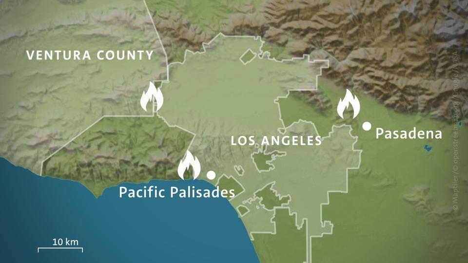 Karte: Los Angeles und Ventura County, Kalifornien, mit den Waldbränden "Palisades Fire" bei Pacific Palisades, "Eaton Fire" bei Pasadena und "Kenneth Fire" zwischen Ventura County und Los Angeles
