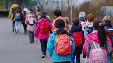 Grundschülerinnen und Grundschüler von hinten mit bunten Jacken und Rucksäcken machen einen Ausflug