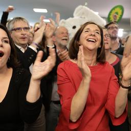Annalena Baerbock (L), Grünen-Vorsitzende, und Katrin Göring-Eckard, Grünen-Fraktionschefin, jubeln nach der Bekanngabe der ersten Prognose für die Europawahl.