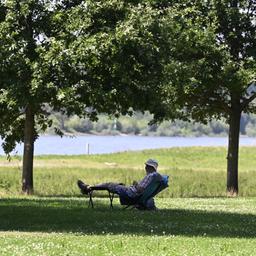Ein Mann hat sich bei warmen Temperaturen einen Platz im Schatten am Ufer des Rheins gesucht.