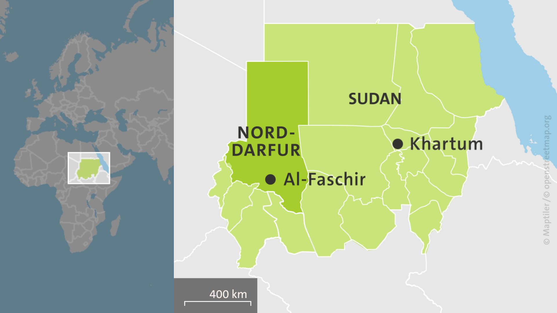Karte: Sudan mit Nord-Darfur und den Städten Al-Faschir und der Khartum | ARD-aktuell
