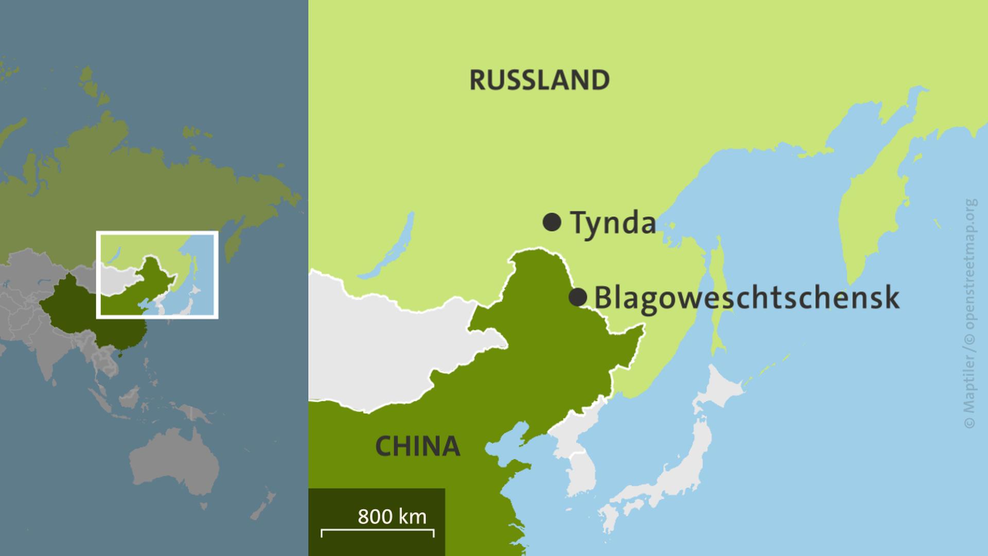 Karte: China und Russland mit den Städten Blagoweschtschensk und Tynda | ARD-Grafik