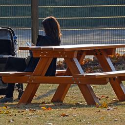 Eine Frau sitzt mit einem Kinderwagen und Handy in der Hand in einem Park auf einer Bank (