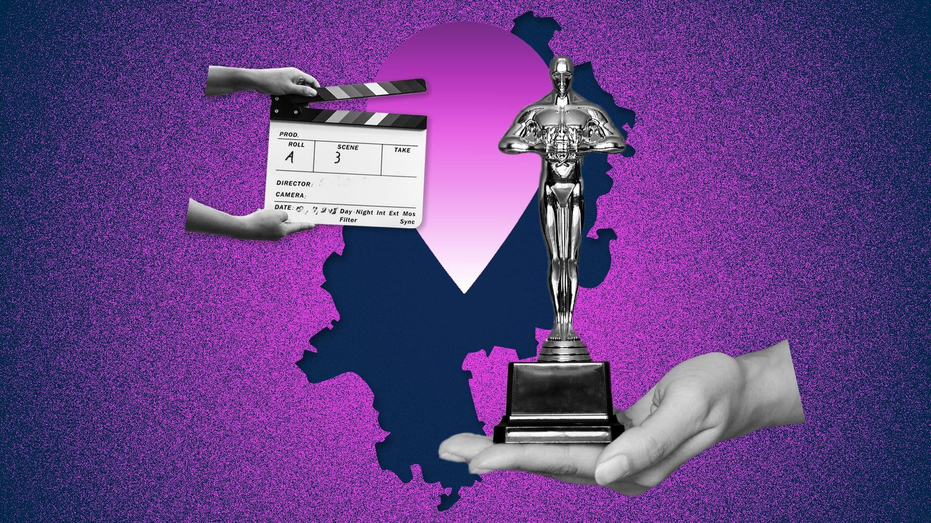 Collage aus verschiedenen Elementen: links eine Filmklappe in s/w, in der Mitte eine dunkelblaue Hessenkarte mit einem großen pink-lila-farbenen Pin in der Mitte, rechts eine Hand, die einen 