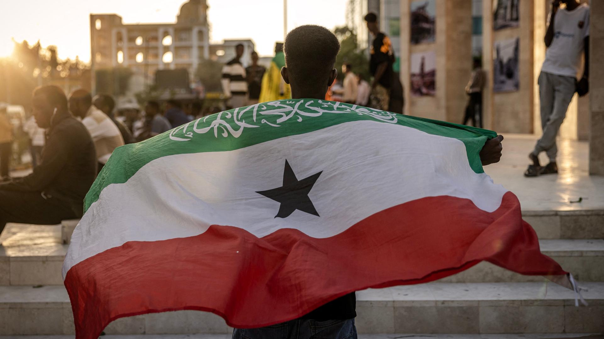 EIn Mann hält eine Flagge der Region Somaliland hoch. | AFP
