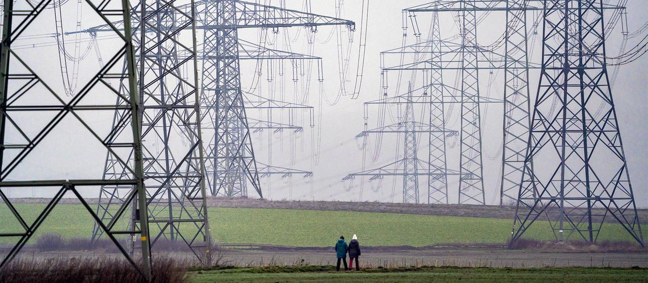 Große Stromtrasse mit Höchstspannungsleitungen, bei Rommerskirchen.