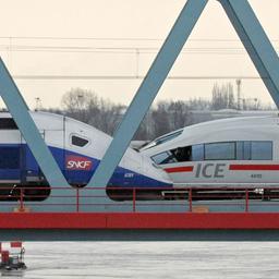 Ein TGV und ein ICE stehen auf der Rheinbrücke in Kehl.  