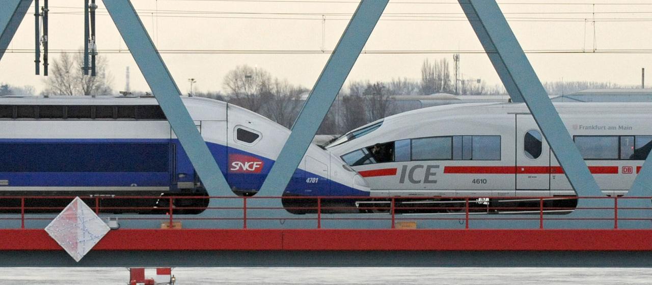 Ein TGV und ein ICE stehen auf der Rheinbrücke in Kehl.  