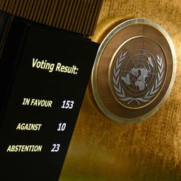 Ein Monitor zeigt die Abstimmungsergebnisse in der UN-Vollversammlung.