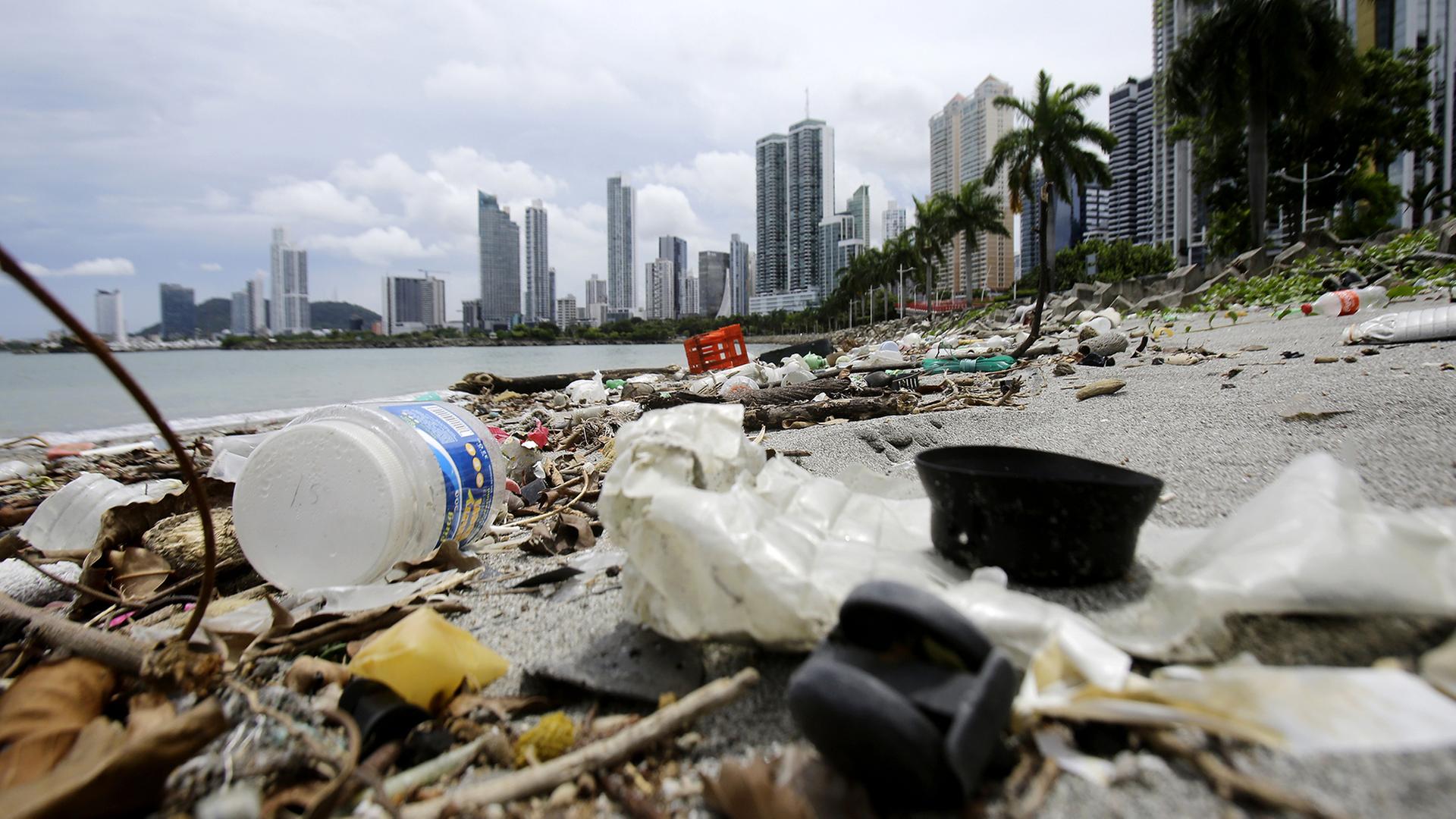 Plastikmüll ist entlang des Küstenstreifens in der Bucht von Panama-Stadt zu sehen. | EPA