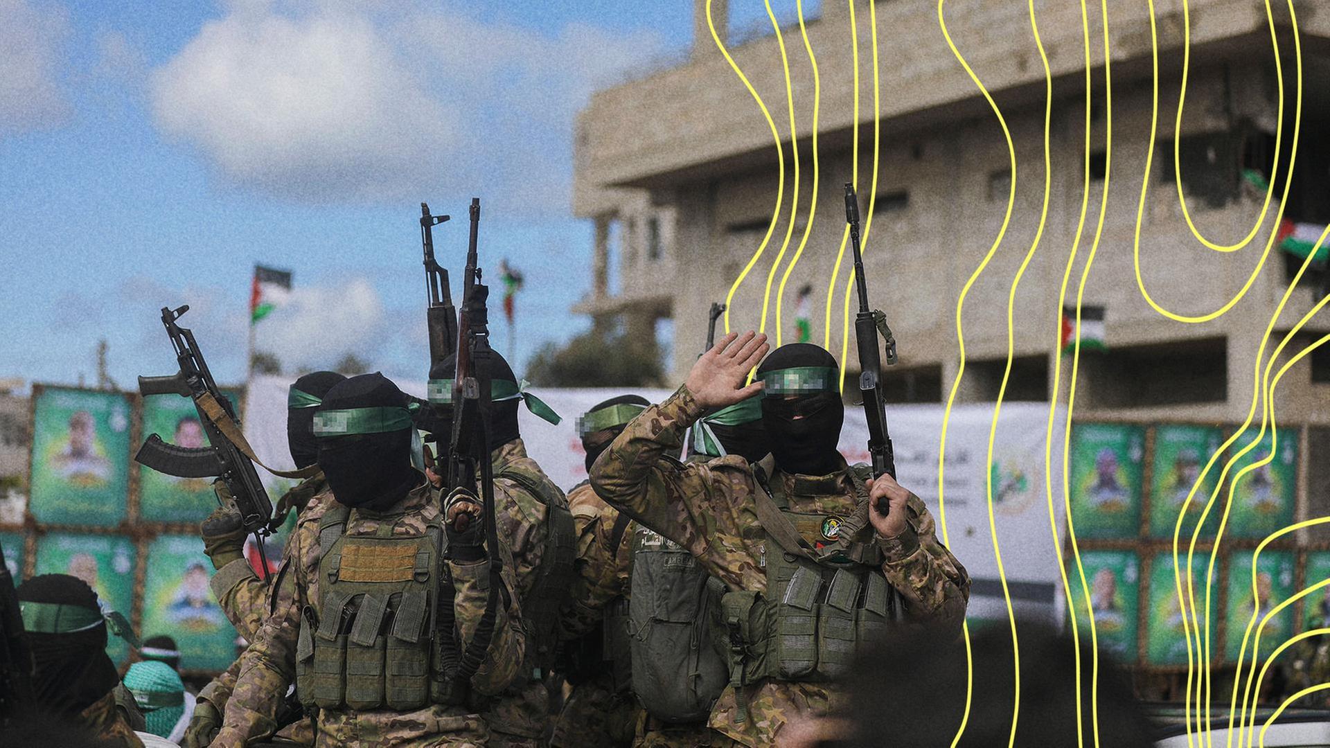 Hamas-Kämpfer versammeln sich am Ort der Übergabe zweier israelischer Geiseln in Rafah im südlichen Gazastreifen. | IMAGO, Middle East Images